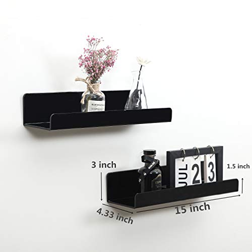IEEK 15 Inch Black Acrylic Floating Wall Ledge Shelf,Wall Mounted Nursery Kids Bookshelf,5MM Thick Home/Office/Bathroom Storage Shelves Display Organizer Set of 3 - Image 3