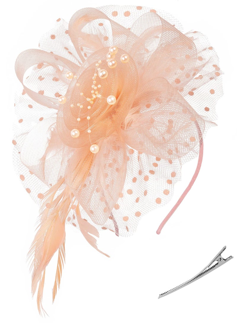 Excefore قبعة فاسيناتور مزينة بزهور وشرائط شبكية وريش على عصابة رأس ومشبك وغطاء رأس لحفلات الشاي للفتيات والنساء، وردي مرجاني - Image 1