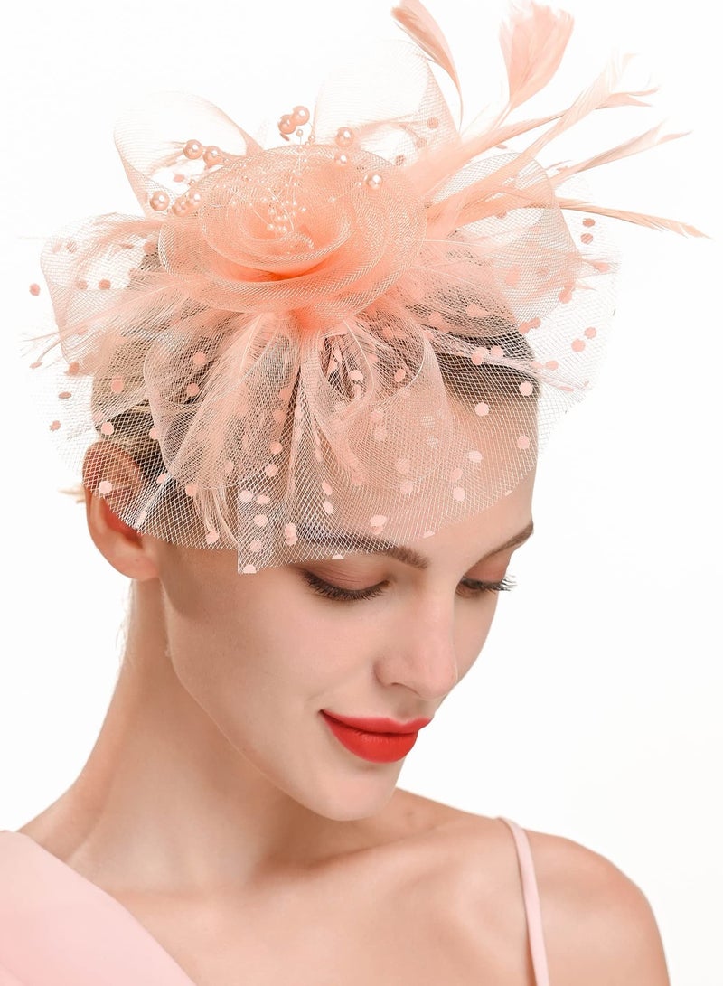 Excefore قبعة فاسيناتور مزينة بزهور وشرائط شبكية وريش على عصابة رأس ومشبك وغطاء رأس لحفلات الشاي للفتيات والنساء، وردي مرجاني - Image 4