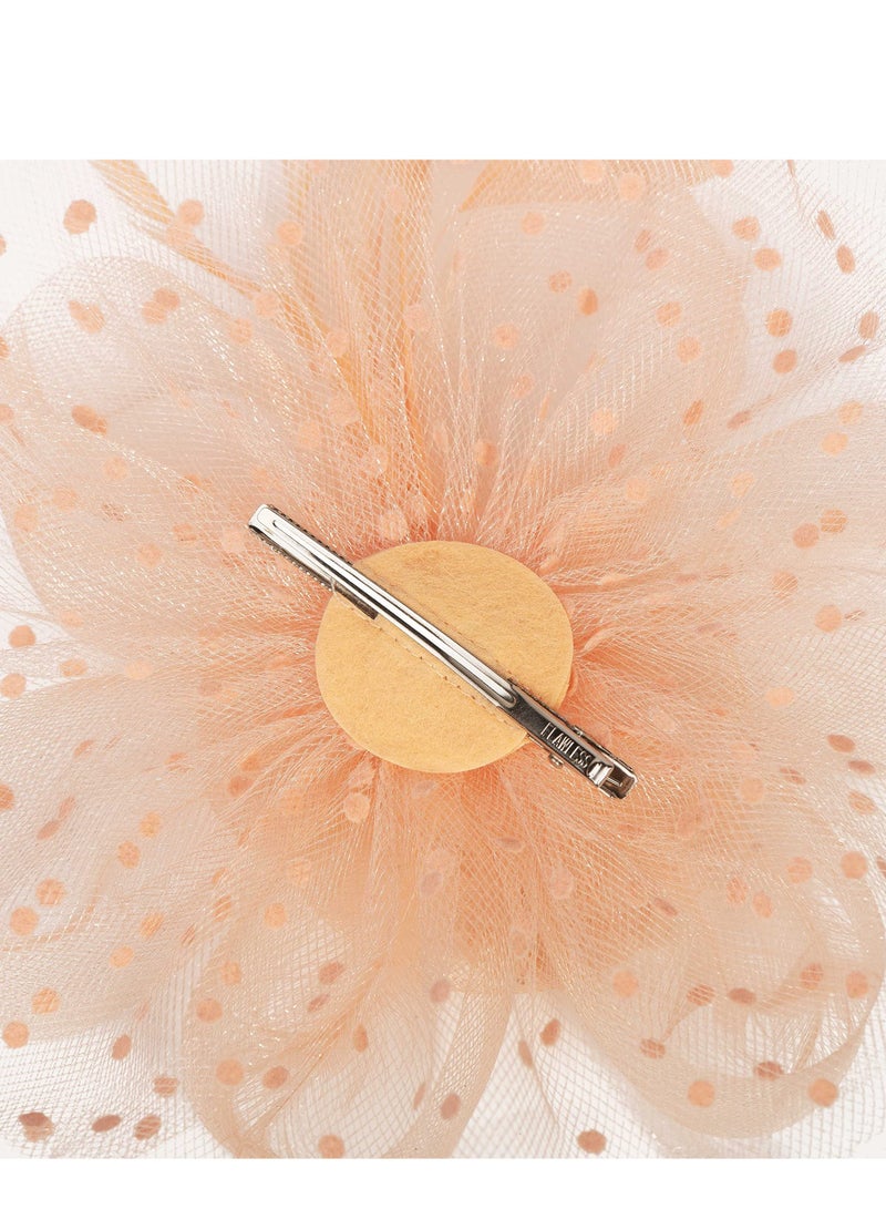 Excefore قبعة فاسيناتور مزينة بزهور وشرائط شبكية وريش على عصابة رأس ومشبك وغطاء رأس لحفلات الشاي للفتيات والنساء، وردي مرجاني - Image 5