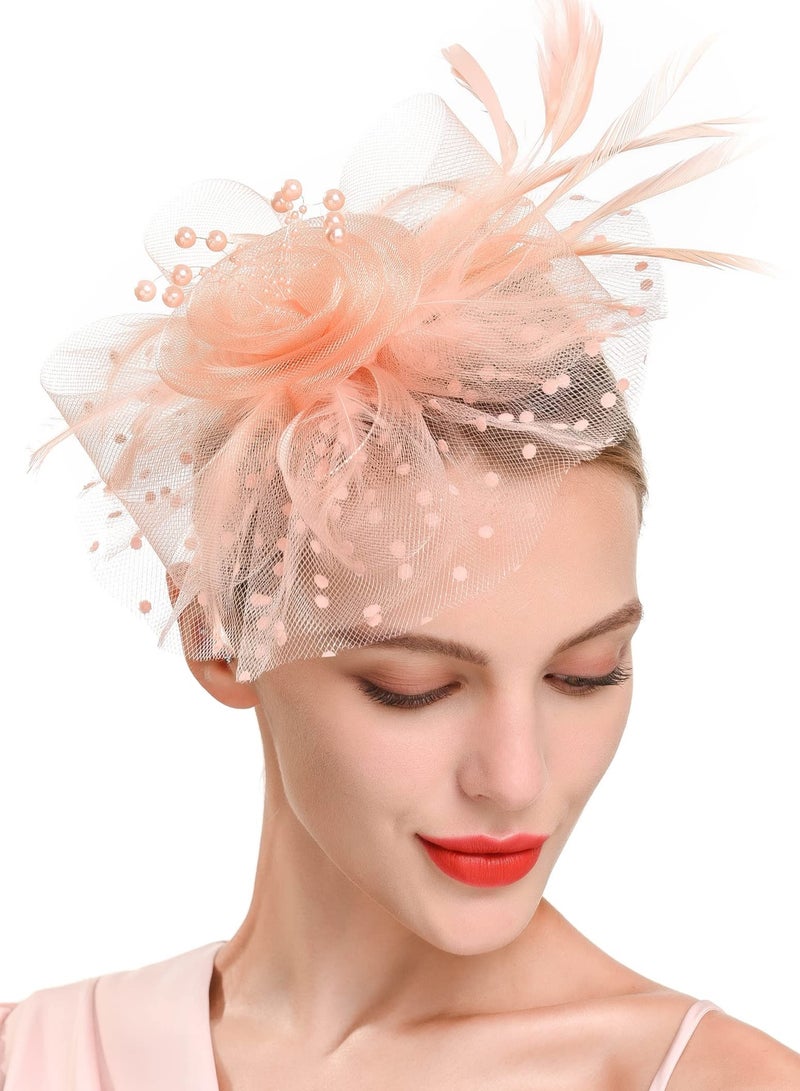 Excefore قبعة فاسيناتور مزينة بزهور وشرائط شبكية وريش على عصابة رأس ومشبك وغطاء رأس لحفلات الشاي للفتيات والنساء، وردي مرجاني - Image 2