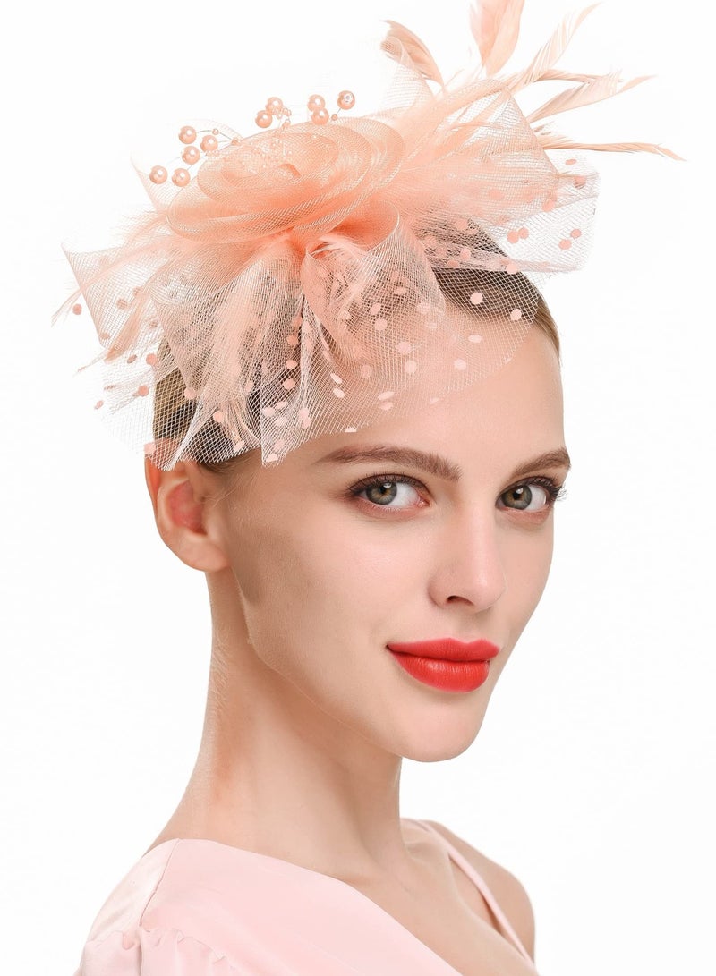 Excefore قبعة فاسيناتور مزينة بزهور وشرائط شبكية وريش على عصابة رأس ومشبك وغطاء رأس لحفلات الشاي للفتيات والنساء، وردي مرجاني - Image 3