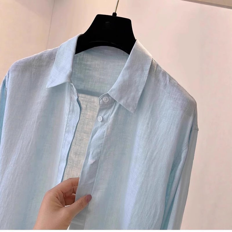 Linen Shirt For Women, Autumn New Korean Version, Loose Solid Color Versatile Slimming Long-Sleeve Cotton-Linen Sun-Protective Shirt - Image 5