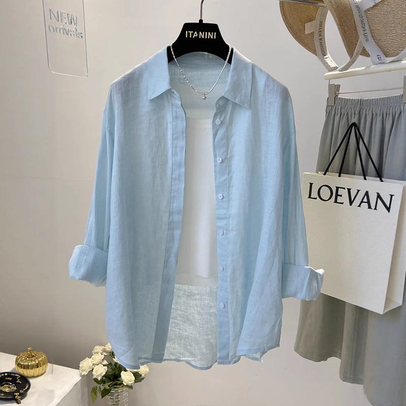 Linen Shirt For Women, Autumn New Korean Version, Loose Solid Color Versatile Slimming Long-Sleeve Cotton-Linen Sun-Protective Shirt - Image 2