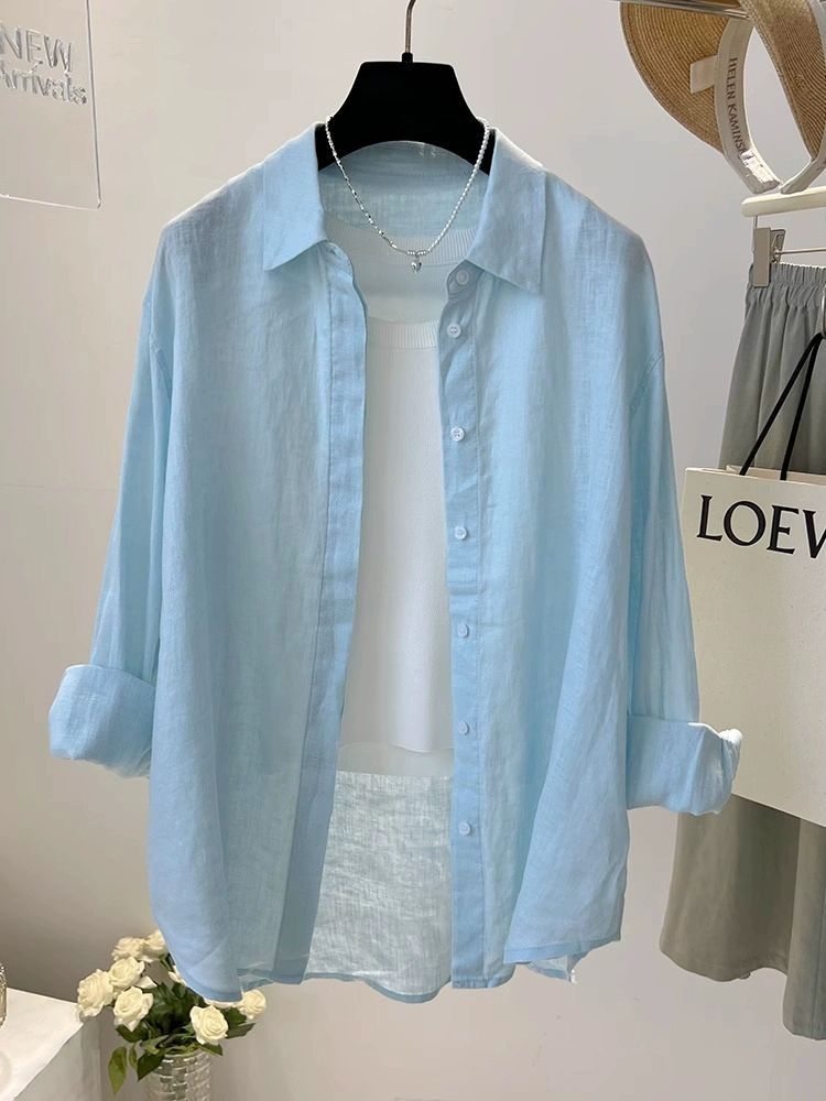 Linen Shirt For Women, Autumn New Korean Version, Loose Solid Color Versatile Slimming Long-Sleeve Cotton-Linen Sun-Protective Shirt - Image 1