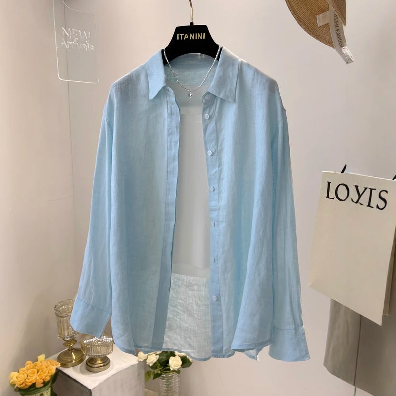 Linen Shirt For Women, Autumn New Korean Version, Loose Solid Color Versatile Slimming Long-Sleeve Cotton-Linen Sun-Protective Shirt - Image 3