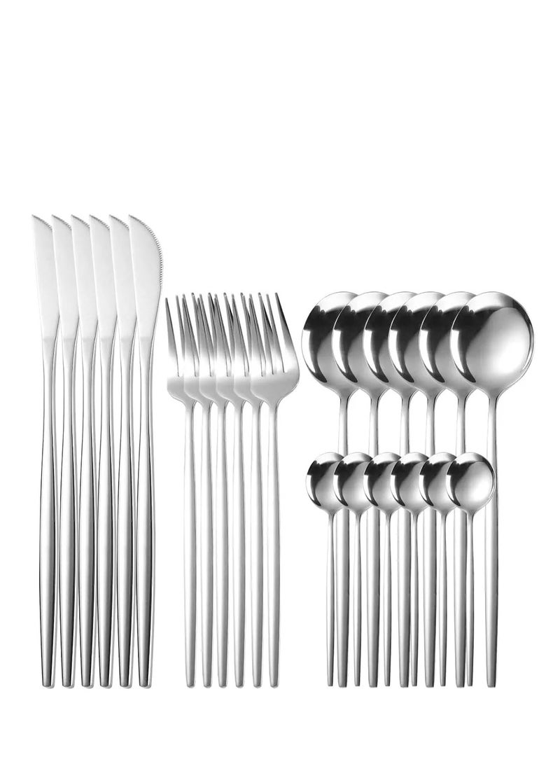 Premium 24-Piece Silver Flatware Set – Stainless Steel Cutlery for 6 People  Enhance your dining table with this exquisite 24-piece silver flatware set, meticulously crafted from durable stainless steel. Designed to serve six people, it includes knives, forks, and spoons, offering a perfect balance of elegance and practicality. The sleek silver finish adds a timeless charm that complements any table setting, from casual meals to formal events. Built for both style and functionality, this set is an ideal choice for upgrading your dinnerware or as a thoughtful gift for loved ones. Make every meal a refined experience with this premium flatware collection  - Image 1