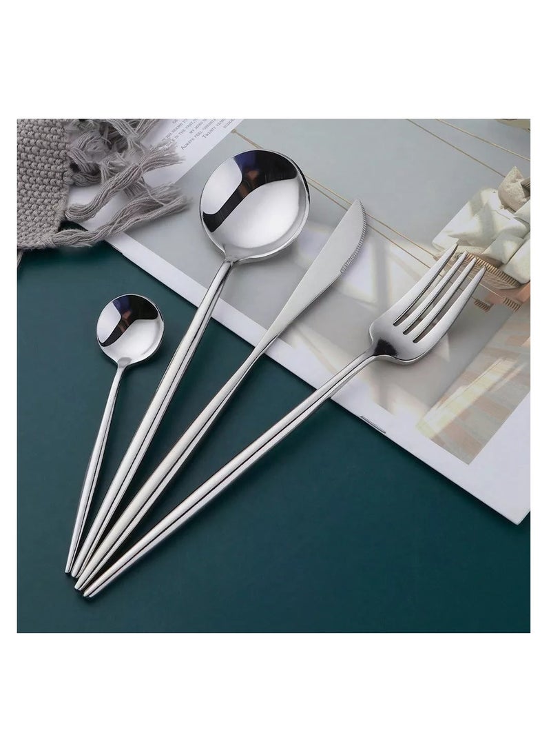 Premium 24-Piece Silver Flatware Set – Stainless Steel Cutlery for 6 People  Enhance your dining table with this exquisite 24-piece silver flatware set, meticulously crafted from durable stainless steel. Designed to serve six people, it includes knives, forks, and spoons, offering a perfect balance of elegance and practicality. The sleek silver finish adds a timeless charm that complements any table setting, from casual meals to formal events. Built for both style and functionality, this set is an ideal choice for upgrading your dinnerware or as a thoughtful gift for loved ones. Make every meal a refined experience with this premium flatware collection  - Image 4