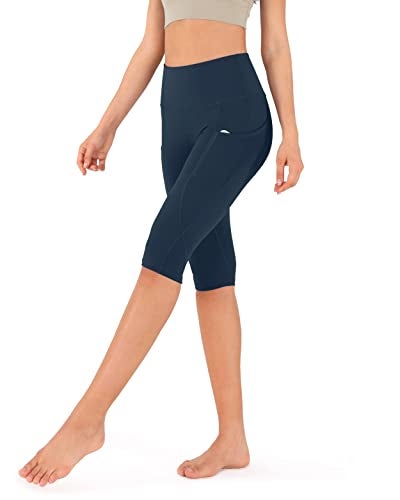 ODODOS Women's Knee Length High Waisted Yoga Capri Leggings with Pockets, Workout Running Sports Athletic Yoga Capris, Navy, Medium - Image 2