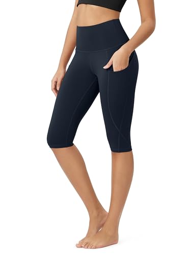 ODODOS Women's Knee Length High Waisted Yoga Capri Leggings with Pockets, Workout Running Sports Athletic Yoga Capris, Navy, Medium - Image 1