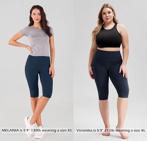 ODODOS Women's Knee Length High Waisted Yoga Capri Leggings with Pockets, Workout Running Sports Athletic Yoga Capris, Navy, Medium - Image 4