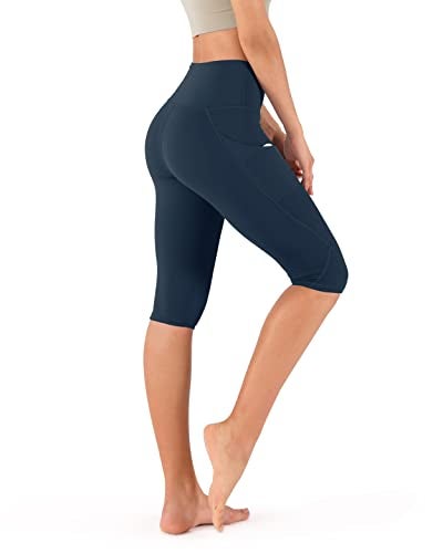 ODODOS Women's Knee Length High Waisted Yoga Capri Leggings with Pockets, Workout Running Sports Athletic Yoga Capris, Navy, Medium - Image 3