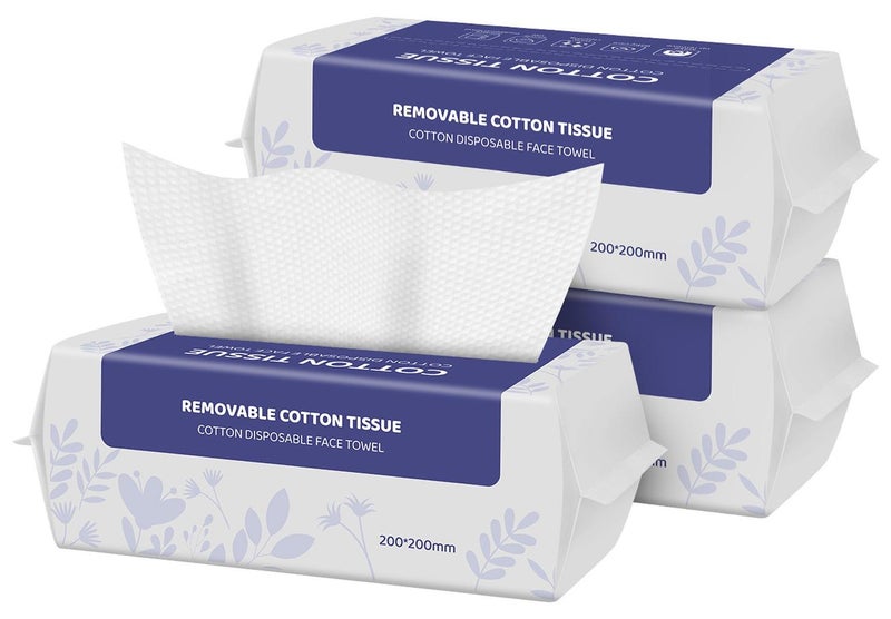 3 عبوات مناديل للوجه يمكن التخلص منها، مناديل قطنية جافة ناعمة للوجه، مناديل قطنية جافة خالية من الوبر، مناديل للوجه للعناية بالبشرة، مناديل تنظيف الوجه، مناديل مكياج، مناشف إزالة المكياج، مناشف وجه سميكة فائقة الامتصاص (عبوة من 3، 7.9 × 7.9 بوصة) - Image 1