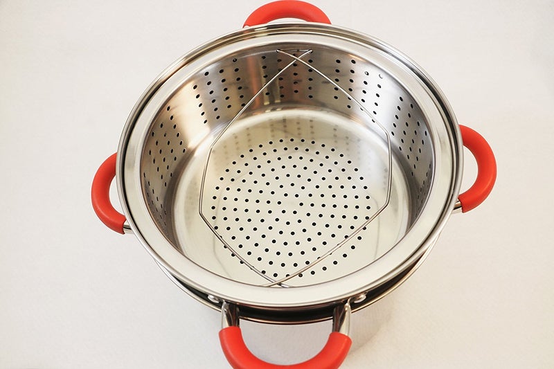 ExcelSteel 8 Qt Multifunction Stainless Steel Pasta Cooker with Encapsulated Base, Vented Glass Lid, and Riveted Silicone Covered Handles - Image 5