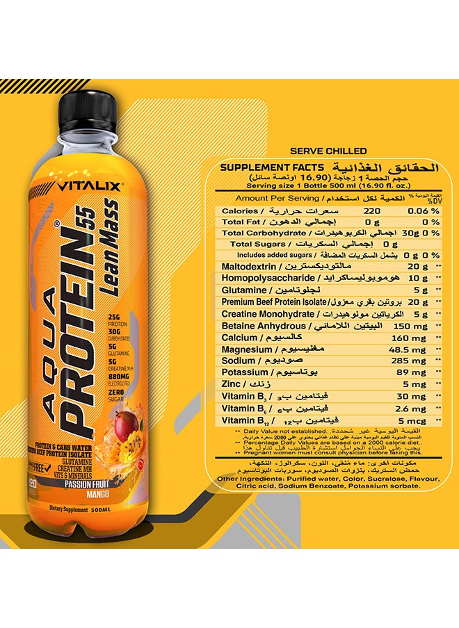 Vitalix Vitalix Aqua Protein 55 Lean Mass Passion Fruit Mango Complete Meal & Post Workout Drink – Zero Sugar,25g Beef Protein Water, 30g Carbohydrates, Creatine Monohydrate - Ramadan Drink 500ml Pack of 12  - Image 3