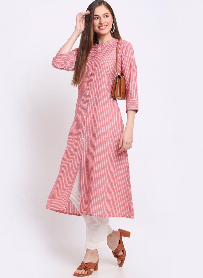 LARGISH Striped Printed Mandarin Collar Cotton A-Line Kurta in Pink & White - Image 5