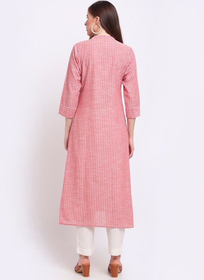 LARGISH Striped Printed Mandarin Collar Cotton A-Line Kurta in Pink & White - Image 4