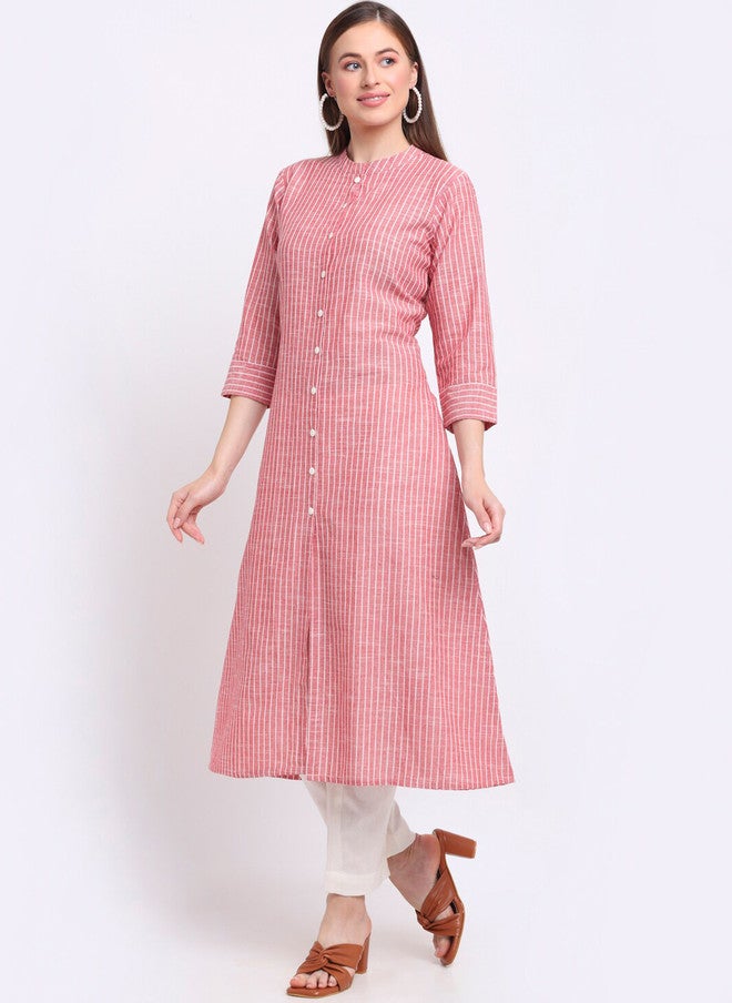 LARGISH Striped Printed Mandarin Collar Cotton A-Line Kurta in Pink & White - Image 3