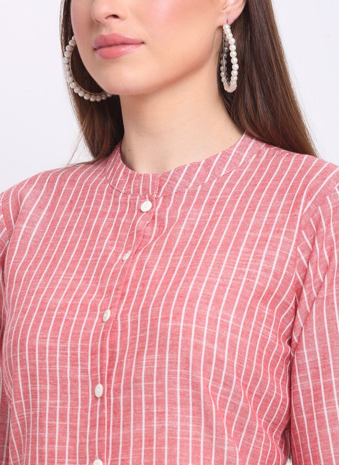 LARGISH Striped Printed Mandarin Collar Cotton A-Line Kurta in Pink & White - Image 2