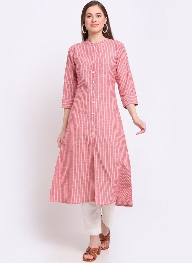 LARGISH Striped Printed Mandarin Collar Cotton A-Line Kurta in Pink & White - Image 1