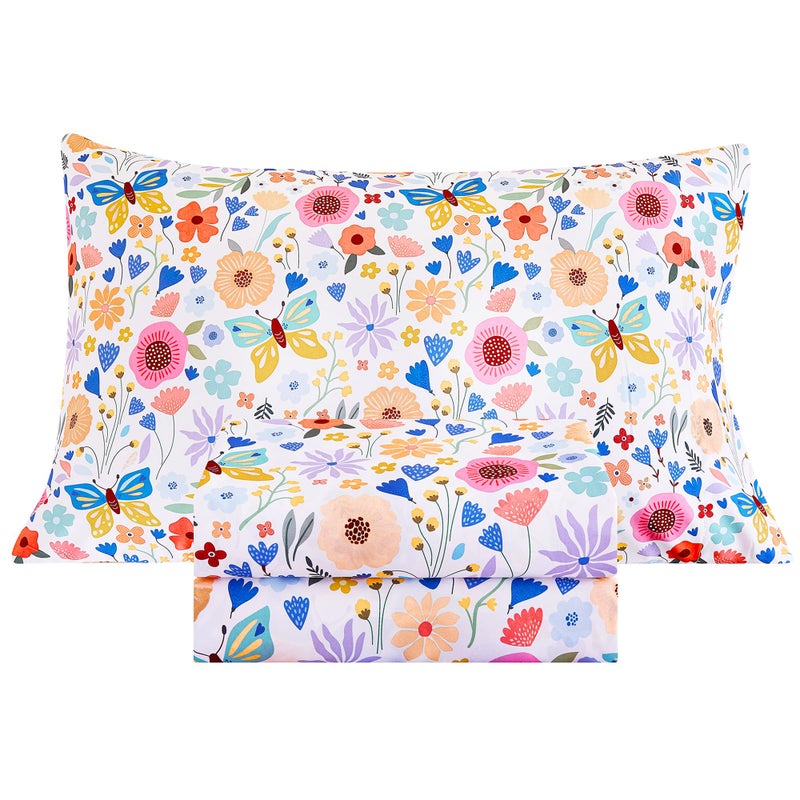 Mooreeke Twin Sheets Set Kids, Girls Twin Sheets, Cute Butterfly Floral Printed, Soft Microfiber Kids Botanical Bedding Set - Image 1