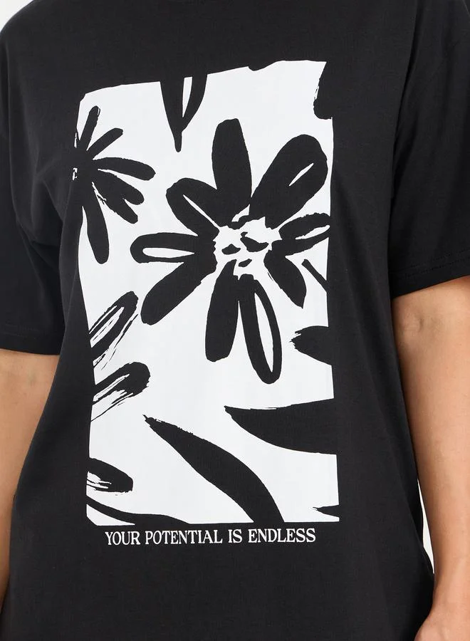 Styli Styli Oversized Contrast Floral Graphic Print Longline T-Shirt