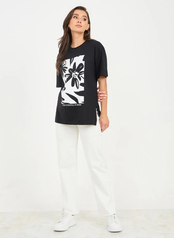 Styli Oversized Contrast Floral Graphic Print Longline T-Shirt