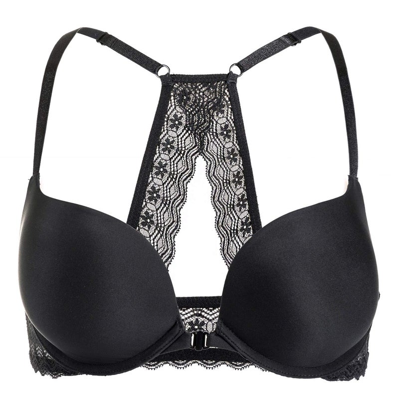 DOBREVA Women's Push Up Bra Racerback Front Closure Bras Plunge Underwire Tshirt Padded Lace Black 36C - Image 1