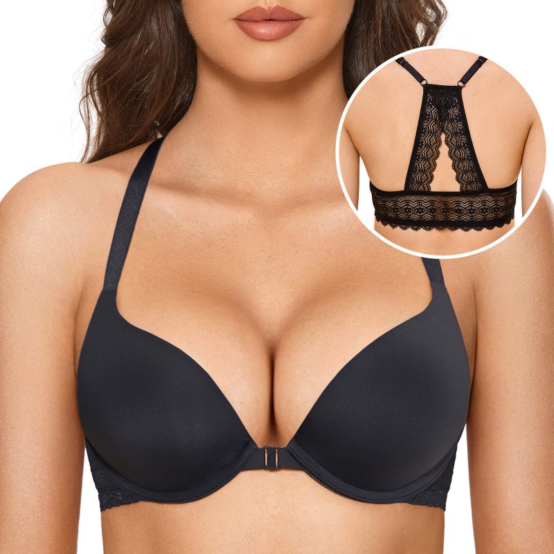 DOBREVA Women's Push Up Bra Racerback Front Closure Bras Plunge Underwire Tshirt Padded Lace Black 36C - Image 3