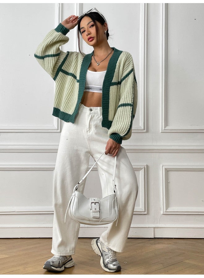 Autumn And Winter Coat Color Block Patchwork Short Casual Loose Knit Sweater M655 - Image 5
