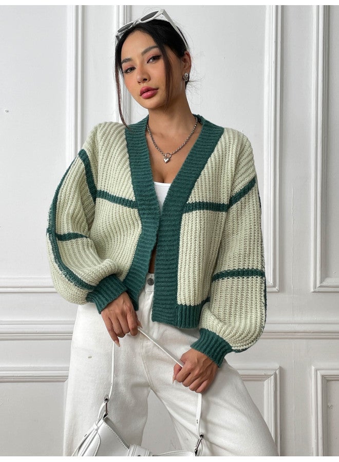 Autumn And Winter Coat Color Block Patchwork Short Casual Loose Knit Sweater M655 - Image 2
