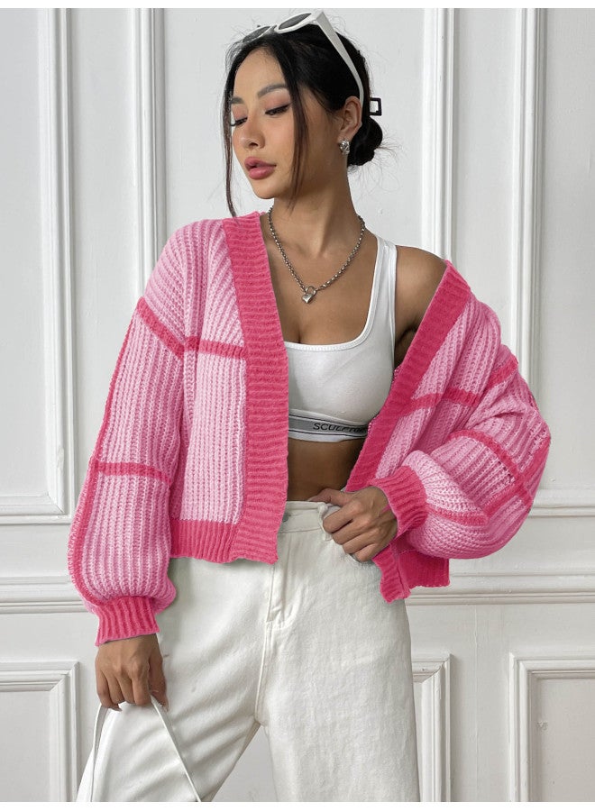 Autumn And Winter Coat Color Block Patchwork Short Casual Loose Knit Sweater M655 - Image 4