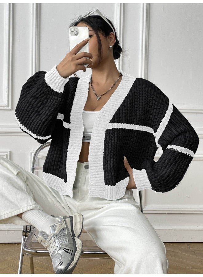 Autumn And Winter Coat Color Block Patchwork Short Casual Loose Knit Sweater M655 - Image 3