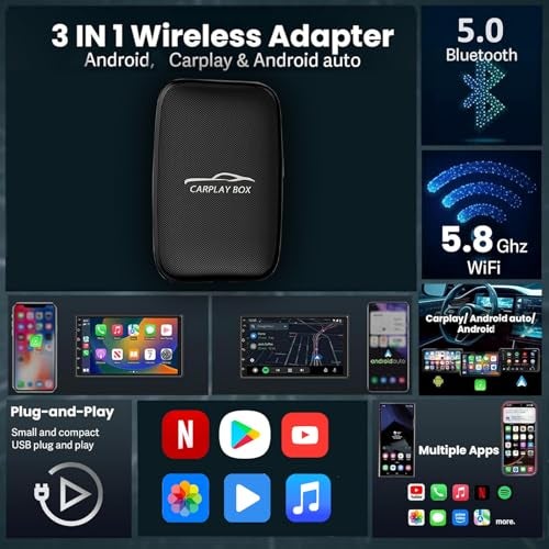 US1984 6 in 1 Upgraded Wireless Carplay Adapter, Support YouTube, Netflix, Play Store, Offline Video Apps, Support up to 512GB TF, Wired Android Auto & CarPlay to Wireless, USB C/A (Black) - Image 4