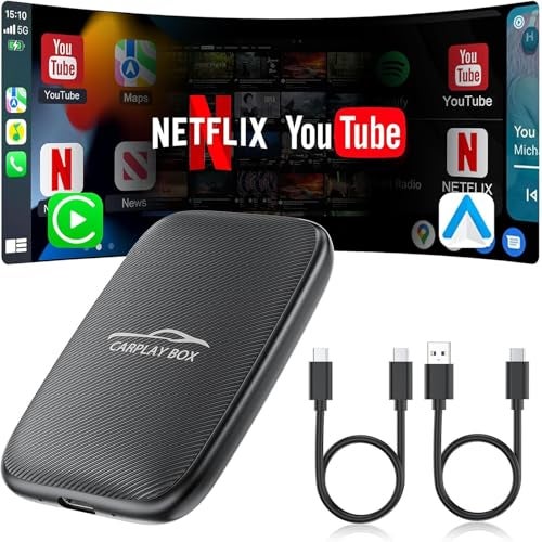 US1984 6 in 1 Upgraded Wireless Carplay Adapter, Support YouTube, Netflix, Play Store, Offline Video Apps, Support up to 512GB TF, Wired Android Auto & CarPlay to Wireless, USB C/A (Black) - Image 1