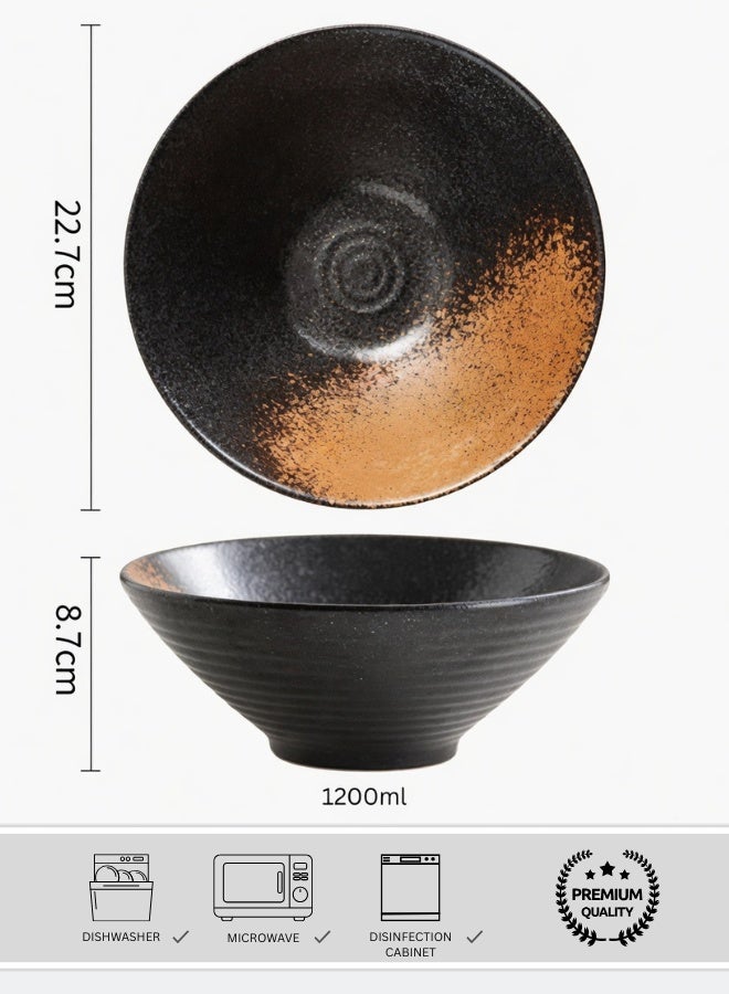 Japanese Style Large Ceramic Ramen Bowl, Black - Dusk Brown 1200ml Creative Round Bowl, Heavy High Quality Soup Bowl, Fruit Bowl, Home & Restaurants, Rustic Creative Ramen Bowl - 9 Inch - Image 1