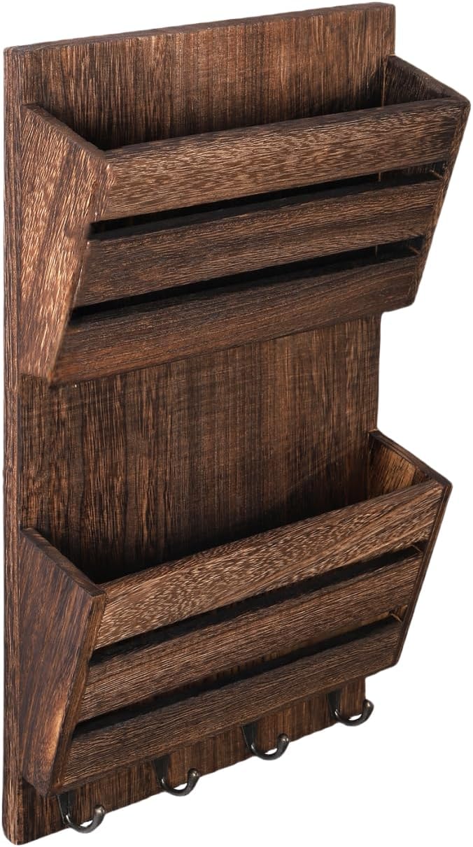 MOOACE Mail Organizer Wall Mount with Key Hooks, 2-Slot Wood Mail and Key Holder, Wall File Organizer Office Letter Folder Accessories Organizer Home Farmhouse Decor - Image 2