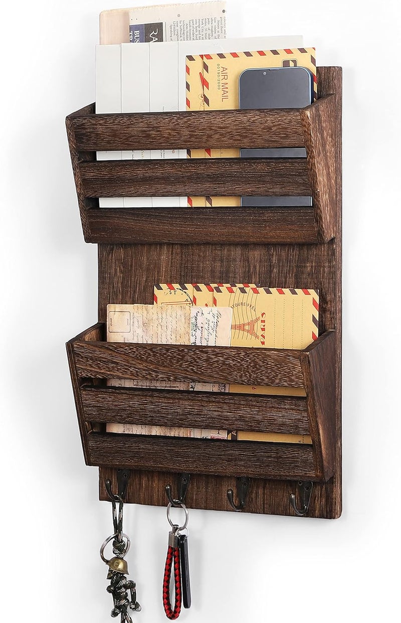 MOOACE Mail Organizer Wall Mount with Key Hooks, 2-Slot Wood Mail and Key Holder, Wall File Organizer Office Letter Folder Accessories Organizer Home Farmhouse Decor - Image 1