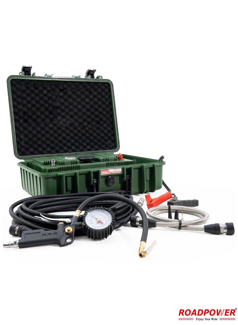 RoadPower 2 Cylinder Car Air Compressor Ultra Extreme 4x4 Tire Super Air Flow Portable 180 PSI AMP 80A 12V Tire Inflator For Car Truck Bicycle Football And Other Inflatables With Carry Box - Image 1
