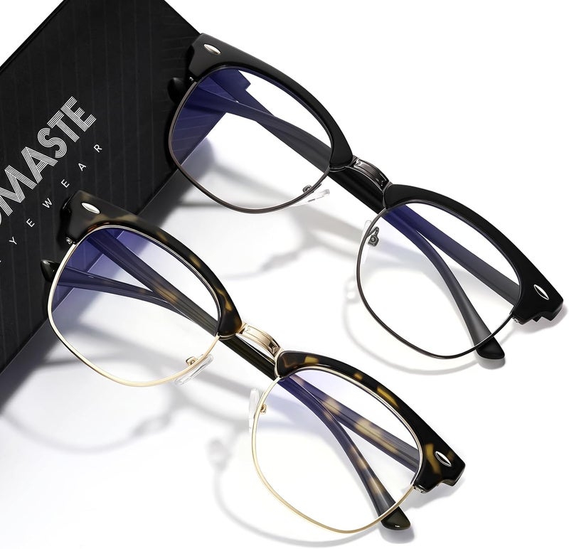 AOMASTE Store Blue Light Blocking Glasses Vintage Half Frame UV Clear Lens Anti Eyestrain Computer Gaming Glasses for Women Men (G09-matte Black Silver+green leopard) - Image 1