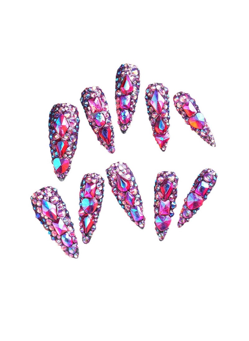 General 10pcs Handmade Press on Nails - Glitter Purple Diamond Long Almond Reusable Gel UV Finished False Nails, Designer Fashion 3D Hand-painted Nails  - Image 1