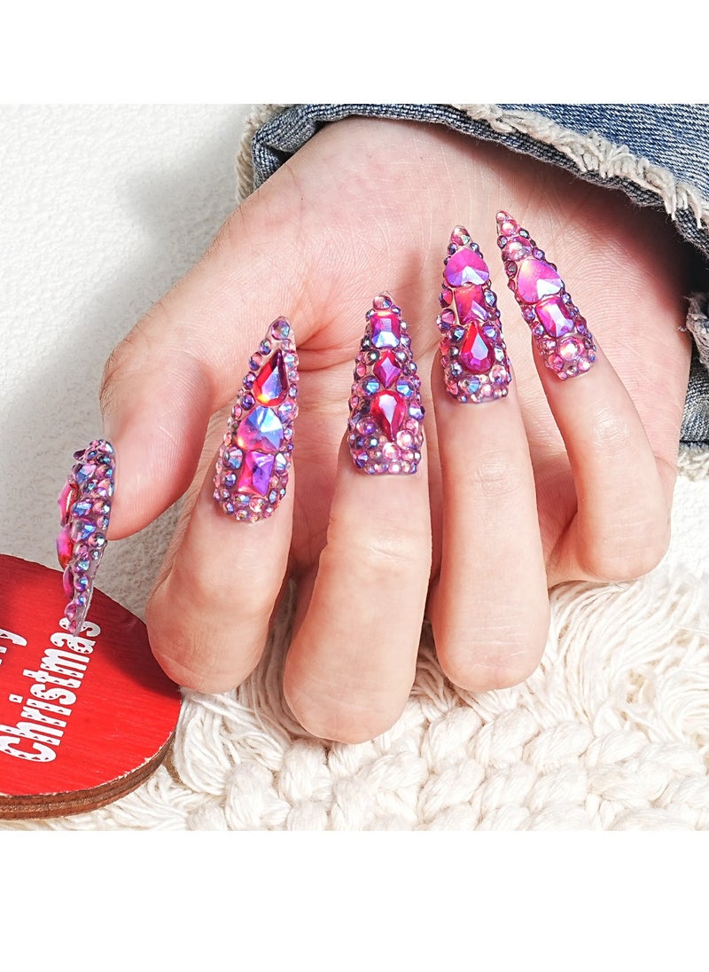 General 10pcs Handmade Press on Nails - Glitter Purple Diamond Long Almond Reusable Gel UV Finished False Nails, Designer Fashion 3D Hand-painted Nails  - Image 3