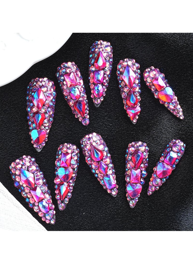 General 10pcs Handmade Press on Nails - Glitter Purple Diamond Long Almond Reusable Gel UV Finished False Nails, Designer Fashion 3D Hand-painted Nails  - Image 4