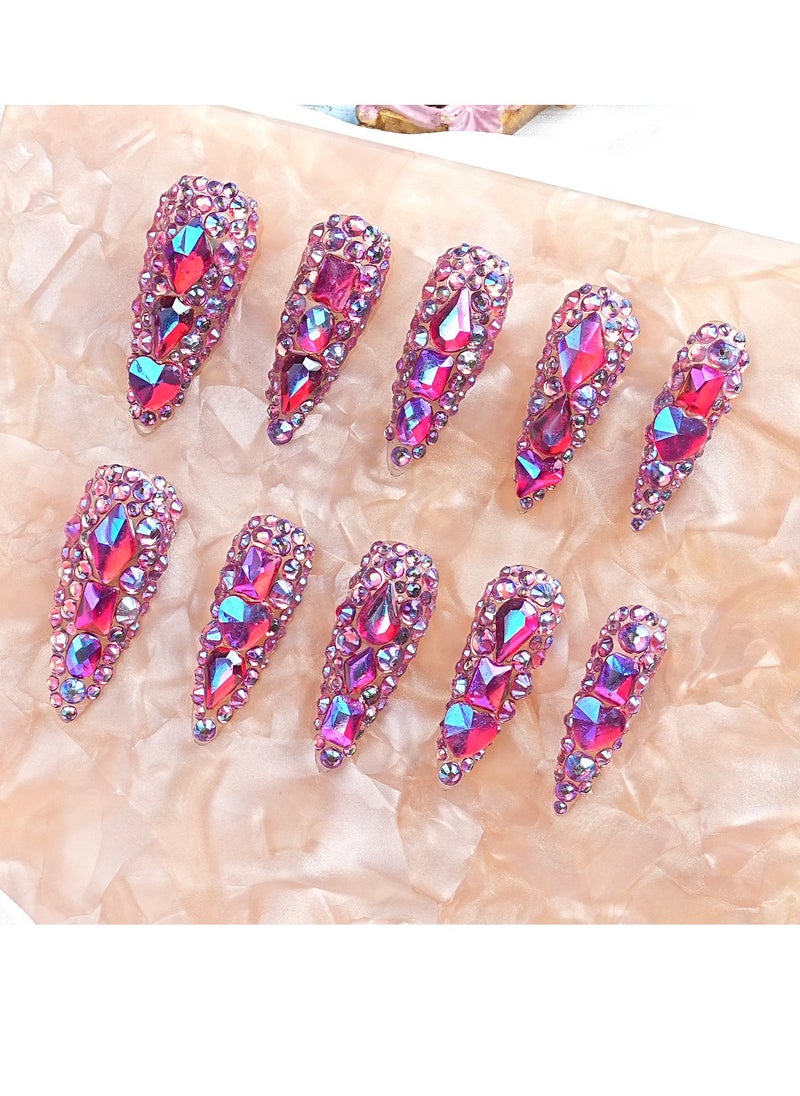 General 10pcs Handmade Press on Nails - Glitter Purple Diamond Long Almond Reusable Gel UV Finished False Nails, Designer Fashion 3D Hand-painted Nails  - Image 5