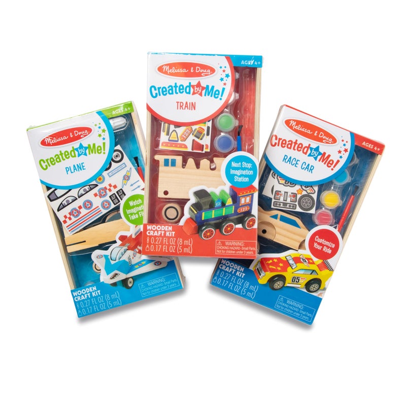 Melissa & Doug Decorate-Your-Own Wooden Craft Kits Set - Plane, Train, and Race Car - Image 1