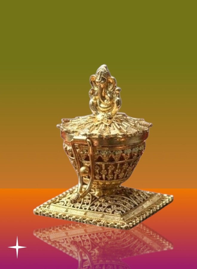 Denique Brass Sindoor Box Gold Plated Sidoor Box Ganesha Idol sindoor box/Wedding Gift/Pooja Accessory/Kumkum box(Square Stand Ganesh SindurDani) - Image 3