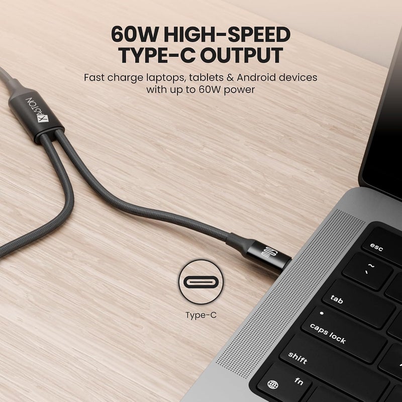 اكساستون كابل شحن 2 في 1 USB-C و Lightning، شحن سريع بقدرة 60 واط PD + شحن سريع بقدرة 27 واط، نقل بيانات بسرعة 480 ميجابت/ثانية، كابل شحن مزدوج مضفر من النايلون بطول 1.2 متر لأجهزة iPhone 16 15 14 13، MacBook، iPad (أسود) - Image 3