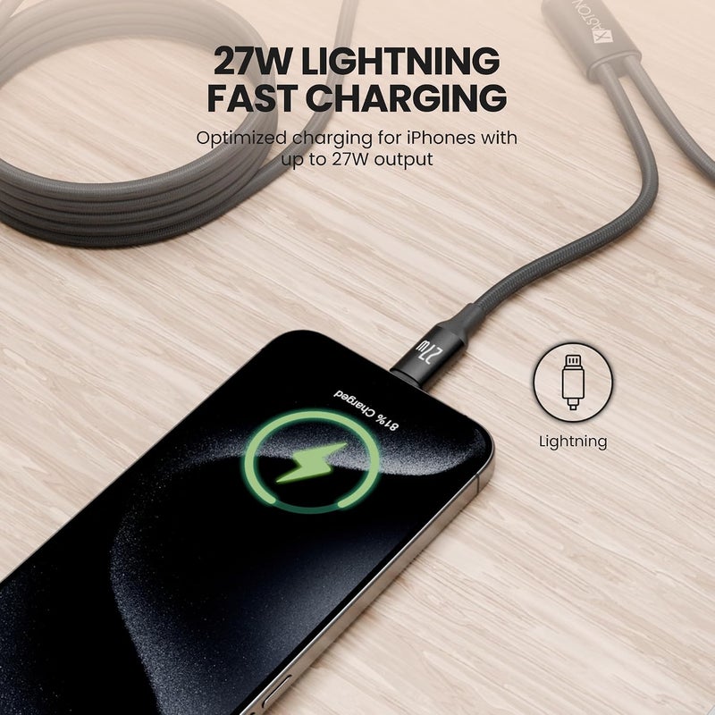 اكساستون كابل شحن 2 في 1 USB-C و Lightning، شحن سريع بقدرة 60 واط PD + شحن سريع بقدرة 27 واط، نقل بيانات بسرعة 480 ميجابت/ثانية، كابل شحن مزدوج مضفر من النايلون بطول 1.2 متر لأجهزة iPhone 16 15 14 13، MacBook، iPad (أسود) - Image 4