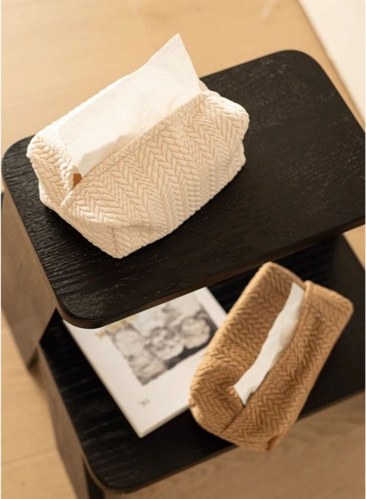 2 Pcs Knitted Tissue Box Set  Stylish Decorative Tissue Holder with Textured Design for Home Living Room Office Kitchen Perfect for Modern Home Decor(Milk White & Milk Coffee) - Image 2