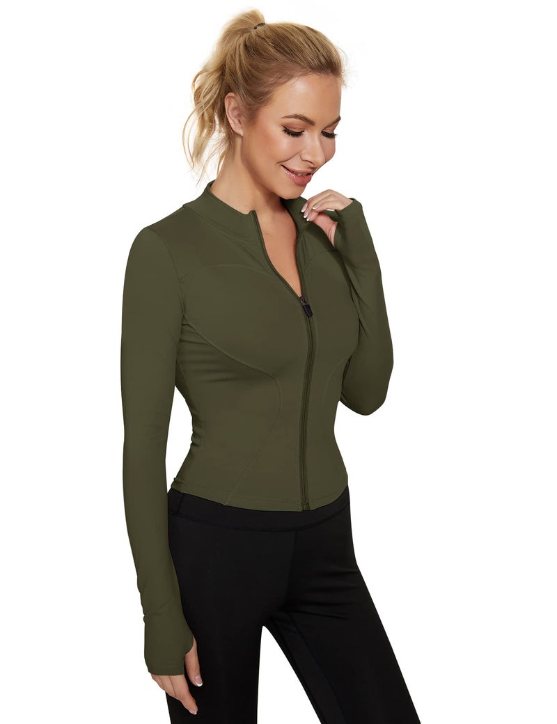 LUYAA Womens Athletic Full Zip Up Jacket Tight Slim Fit Workout Jackets Long Sleeve Running Active Tops Army Green M - Image 2